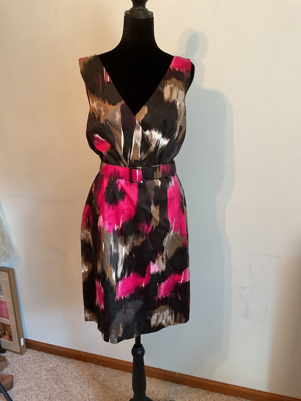 David Meister 10 Belted Watercolor Abstract Cocktail Dress Pink Stretch Cotton